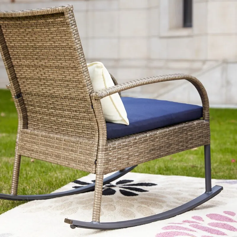 
3 piece outdoor bistro set, rocking chair, outdoor wicker rattan furniture garden sofa chair set with cushion. 
