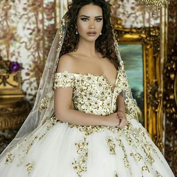 узоры Золотой Кружева блестками Роскошный Кристалл халат de mariage глубокий v-образный вырез с плеча свадебное платье