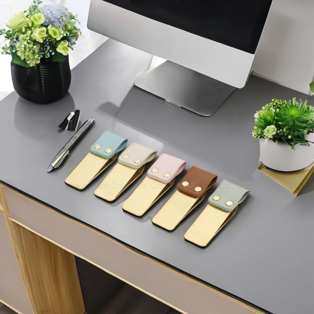 Handmade PU leather Metal Pen Clip Stainless Steel Pen Clip Holder Journal Notebook Paper Holder School Office Gifts for Teacher