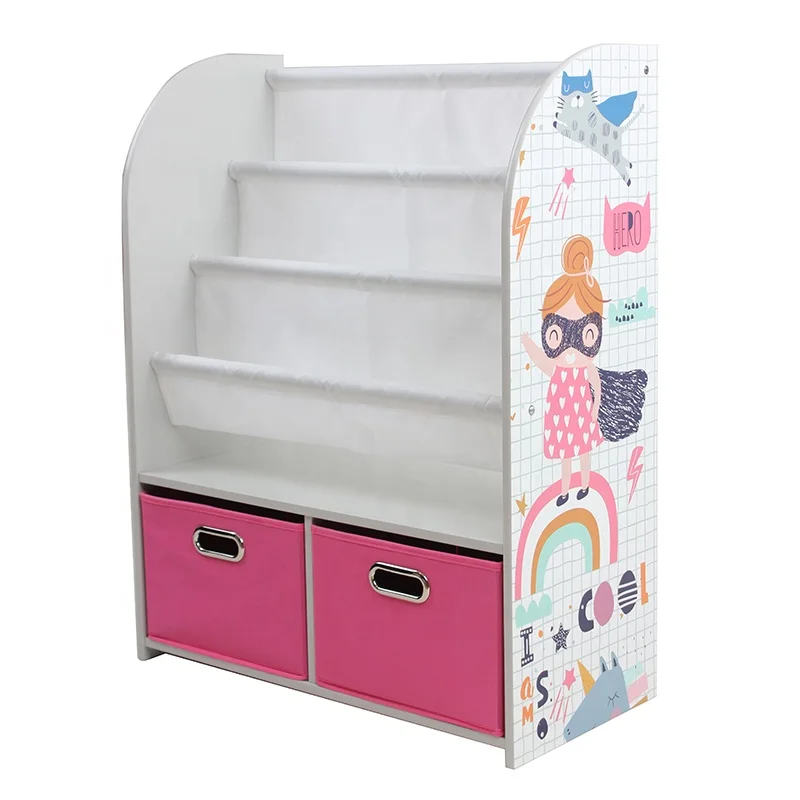 Toffy & Friends kids wooden bookcase magazine shelf with storage cubes in Super Girl design