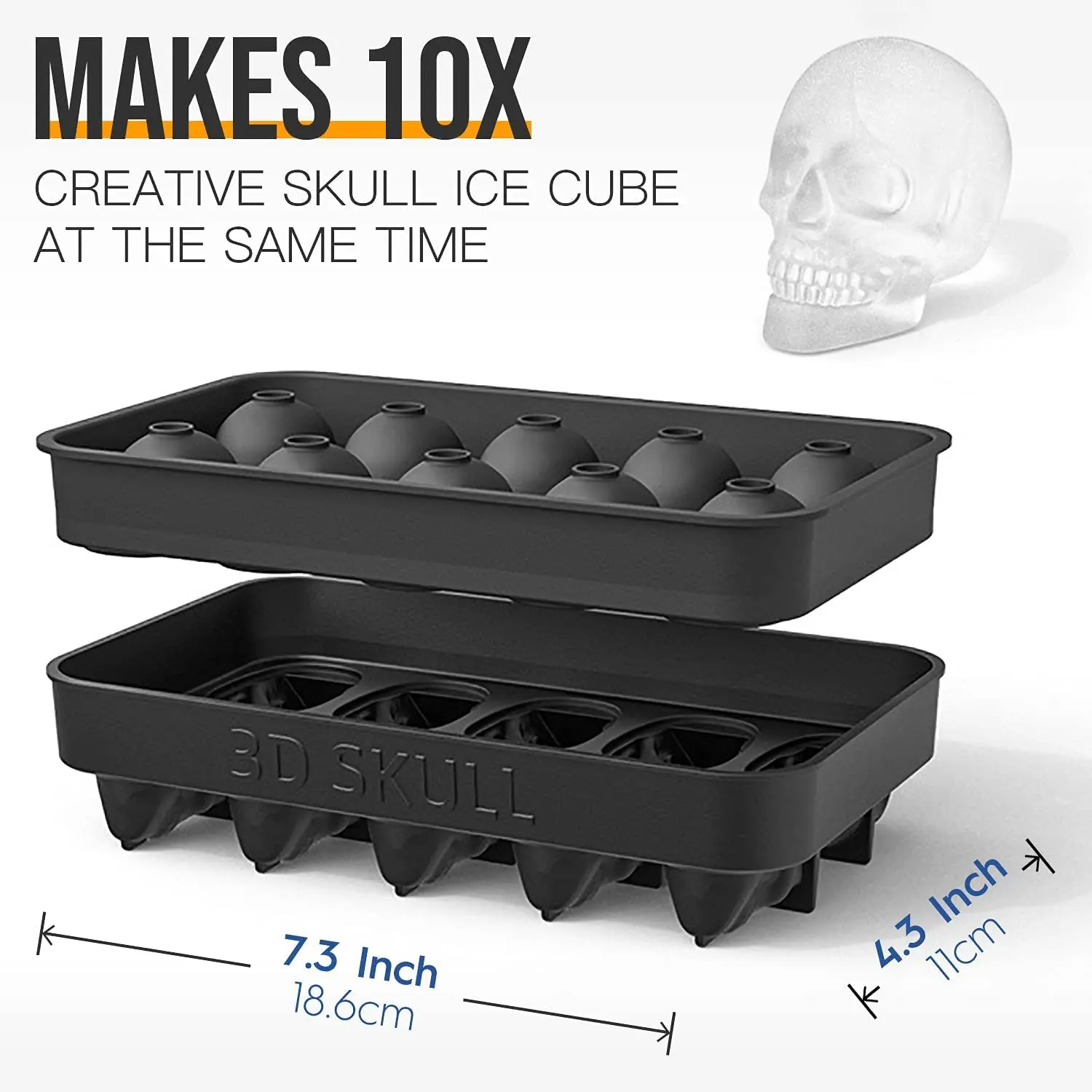 TS2 Reusable Novelty Gothic Silicone 10 Grid Skull Shaped Ice Cream Mold Tray Set With Lid