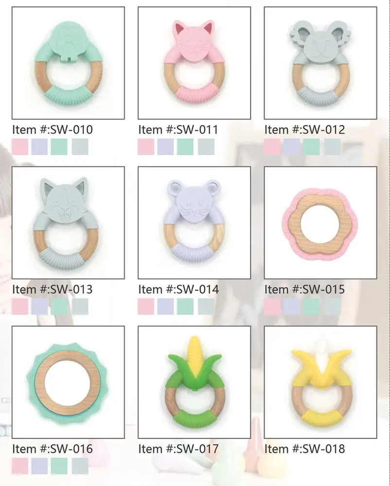 
BPA Free Orgnanic Baby SIlicone and Beech Wood Teether Ring Bunny Elephant Rabit Wooden Ring Teething Toy 