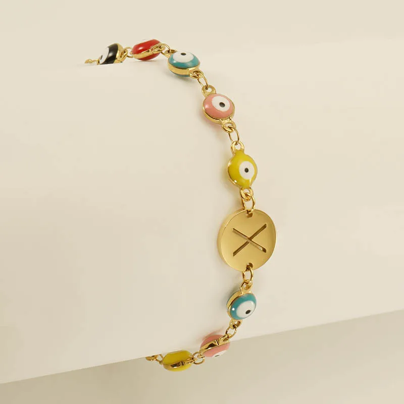 Hot Sale Custom High Quality 18K Gold Plated Stainless Steel A-Z Letter Turkey evil eyes Bracelet Cute Eyes Bracelet