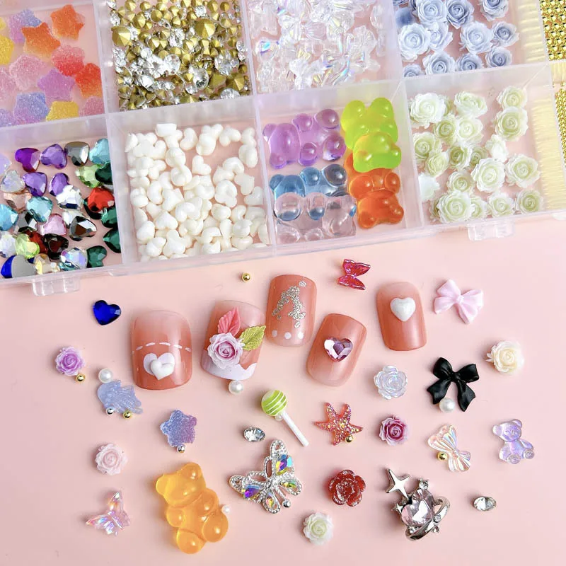 Nail Supplies 24 Grid Best Selling Bulk 3D Resin Rose Flowers Butterfly Nail Charms  Bow Pearl Rhinestone Jewelry Accessories