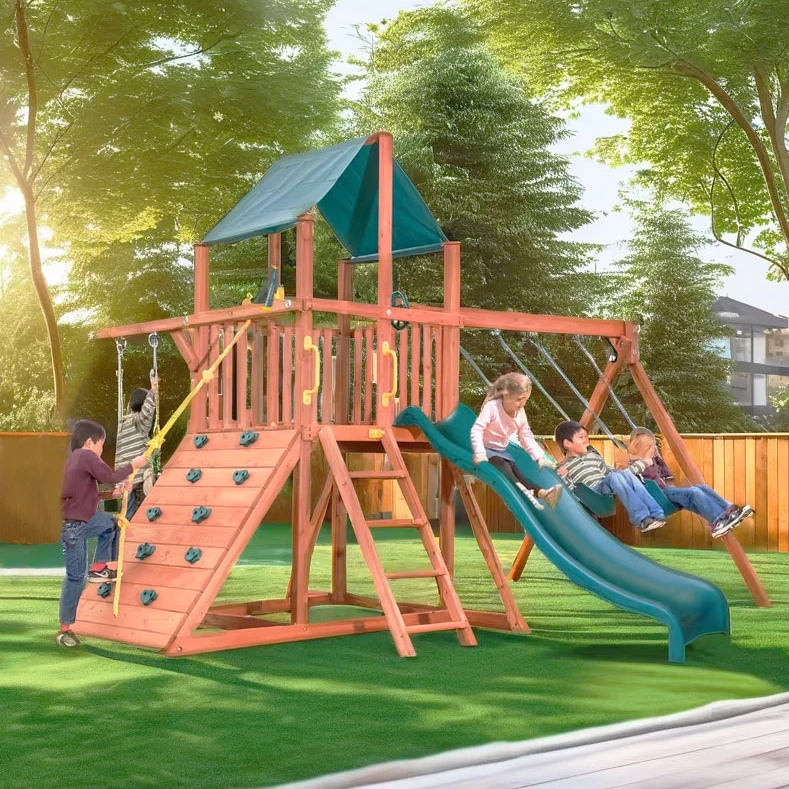 Playground Kids timber Swing And Slide Sets On Sale Patio outdoor Wood Climbing Frame Wooden Swing Set with Plastic Accessories