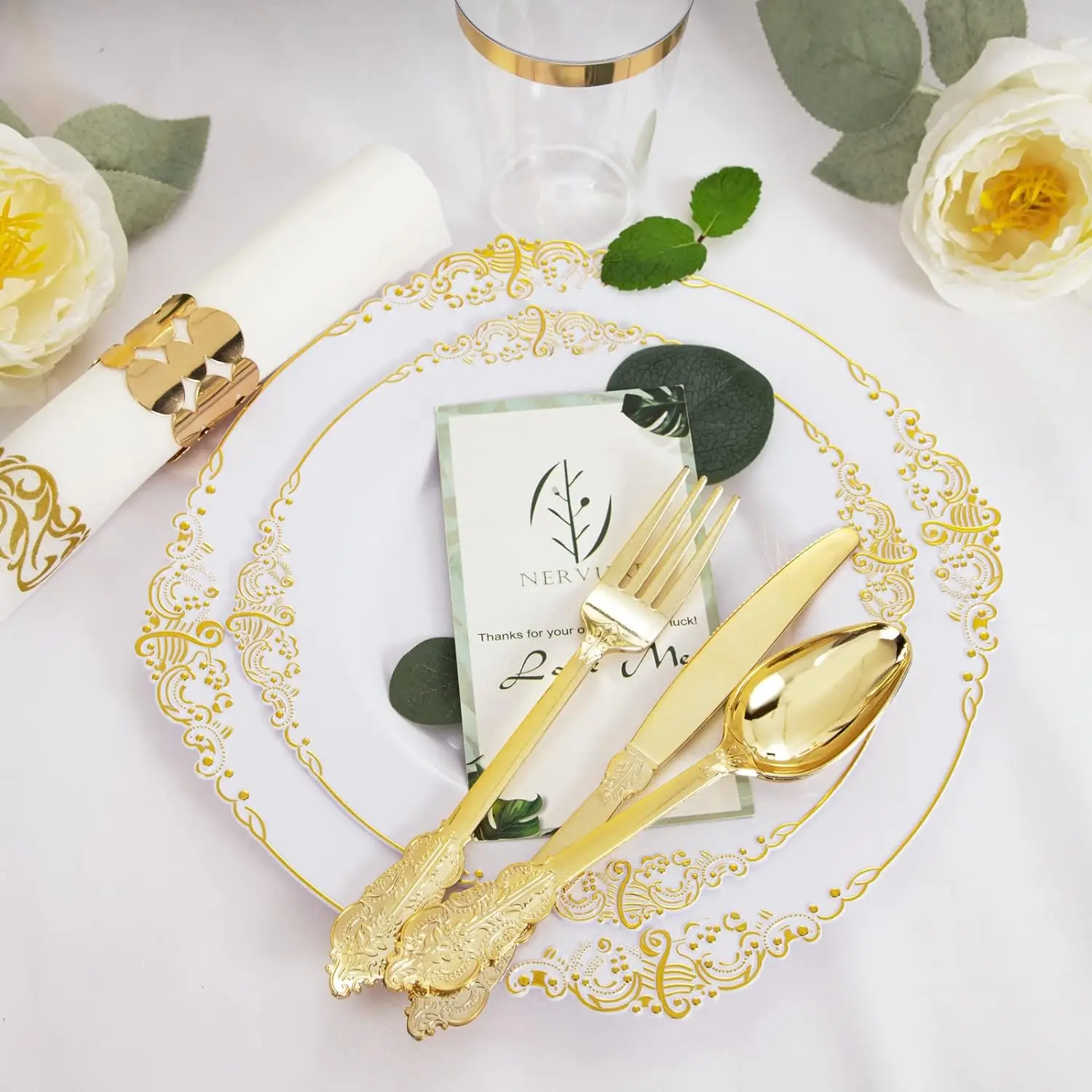 350pcsRose Gold Disposable Plates include 50Dinner Plates 50Dessert Plates  50 Napkin Cutlery 50Cups for Weddings & Parties