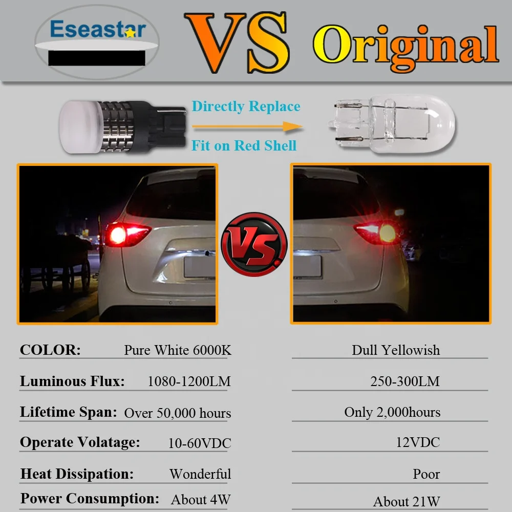 
50000hrs lifespan aluminum design auto brake light w21/5w 7443 led car bulb t20 