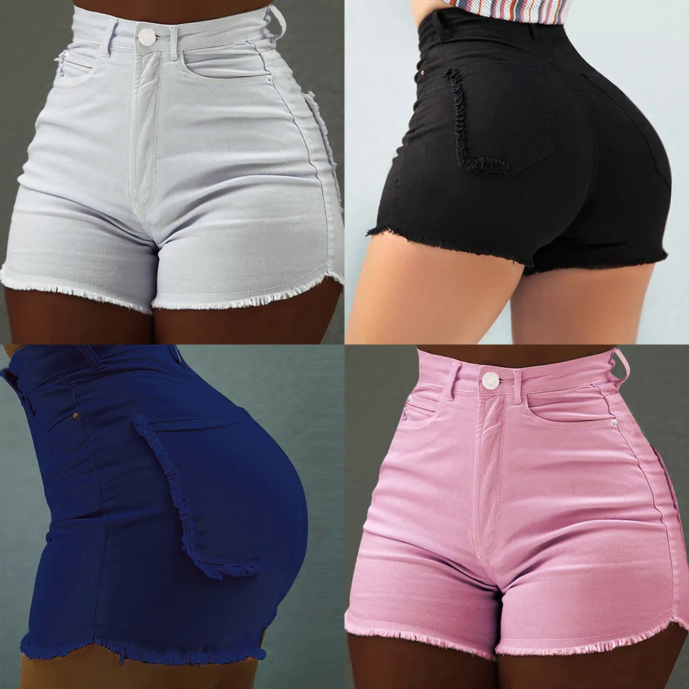 
Wholesale Casual Fashion Women Summer Shorts New Hot Shorts Solid Color Skinny Slim Pocket Lady High Waist Denim Short 