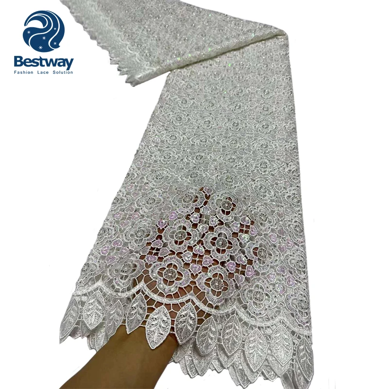 Bestway African Lace Fabric Cord  Guipure Lace Fabric  With Beads and Sequins