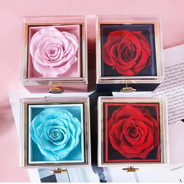Ever Bright 2024 New Design Engagement Ring 180 Degree Rotation Preserved Flower Roses Jewelry Gift Box for Valentine Day