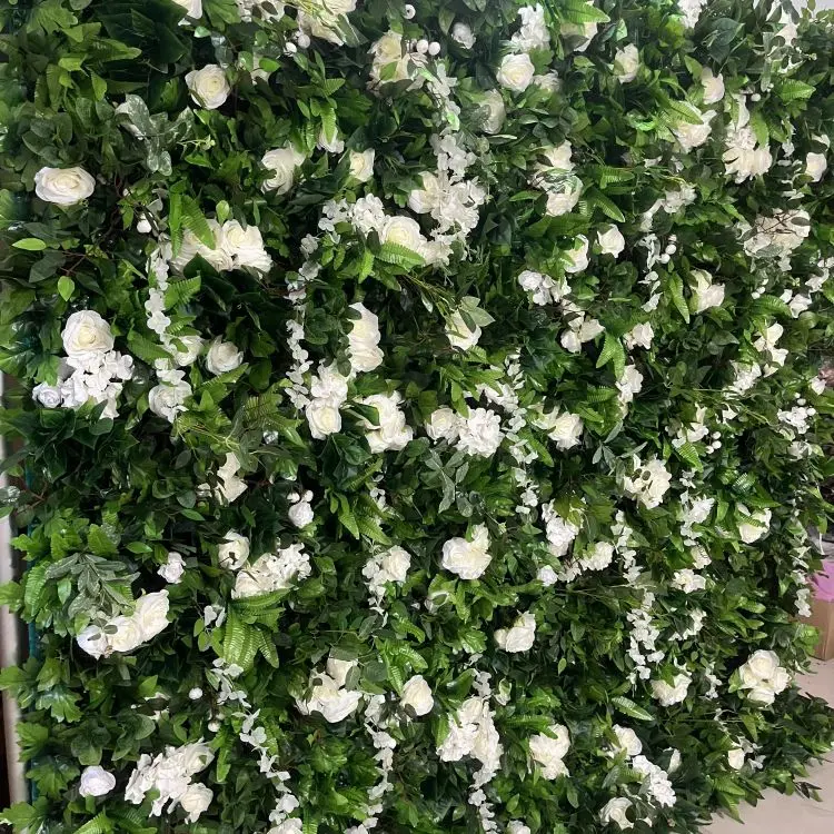2024 Hot Sale 8x8 3D Green Flower Wall Roll UP Curtain White Rose With Green Leaf  Flower Wall Panel Backdrop Wedding Decor