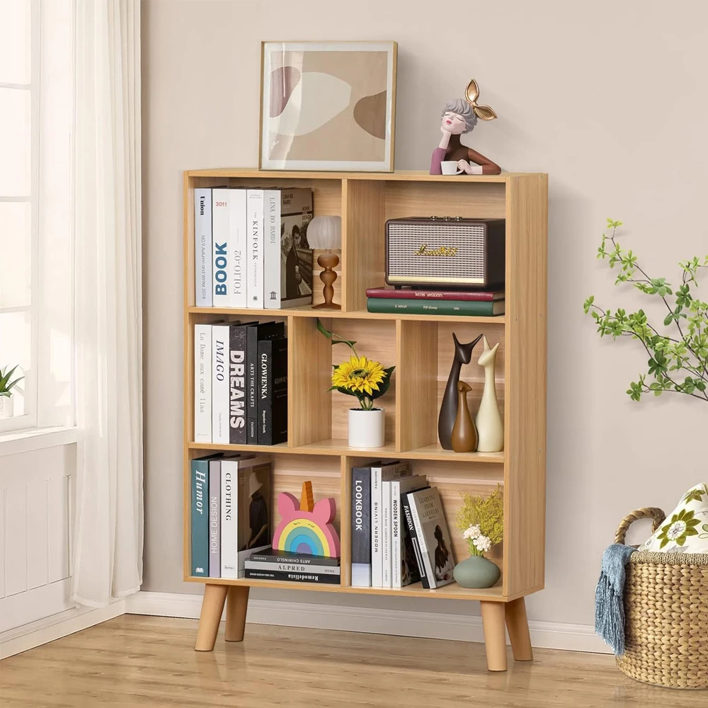 Custom Modern book shelf Design Wooden Display simple bookcase Wood Library 7 Shelf Bookcase