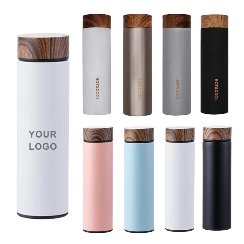 Wholesale 500ml Stainless Steel Insulated Vacuum Flask Tea Infuser Water Bottle with Wooden Grain Color Lid