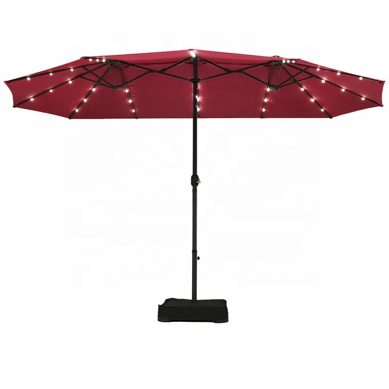 14X9FT Double Sided Sun Canopy Straight Pool Side Market Patio Outdoor Beach Solar LED Light Umbrella with Crank
