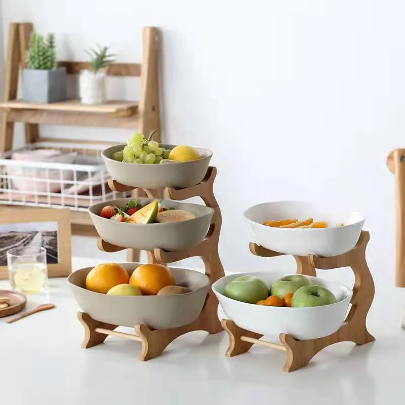 Multi-Layered Multifunction Fruit Plate Ceramic Plate Bamboo Wood Rack Dried Fruit Plate Storage Racks