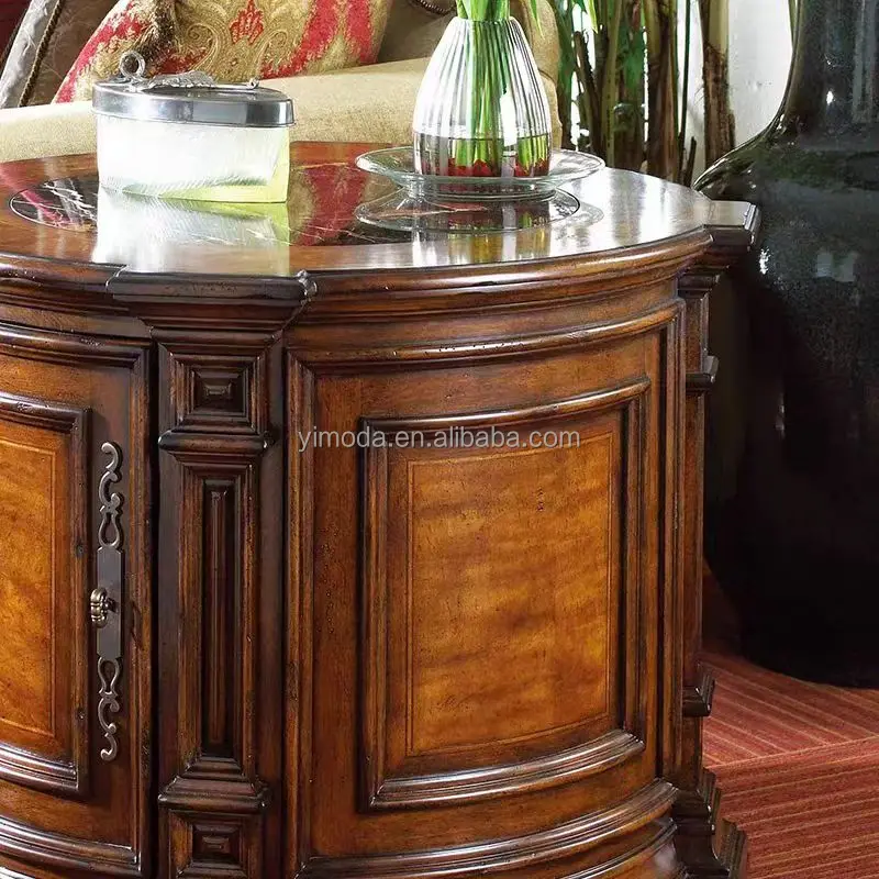 Antique classical Living Room brown wooden carved Small round Wood side end table