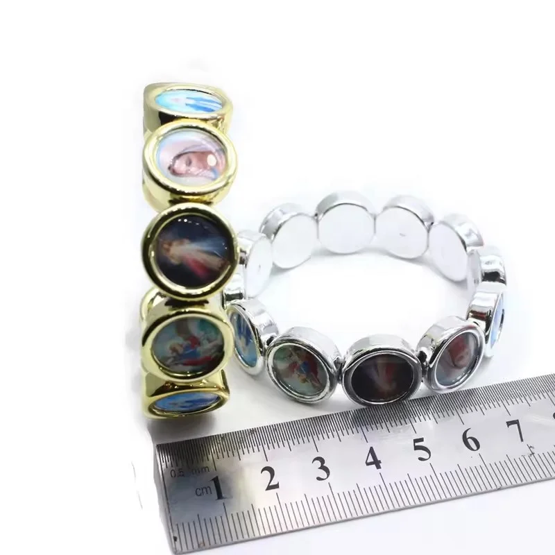 Round Catholic Saint Christian Icon Image Adjustable Size Elastic String Bracelet For Wholesale