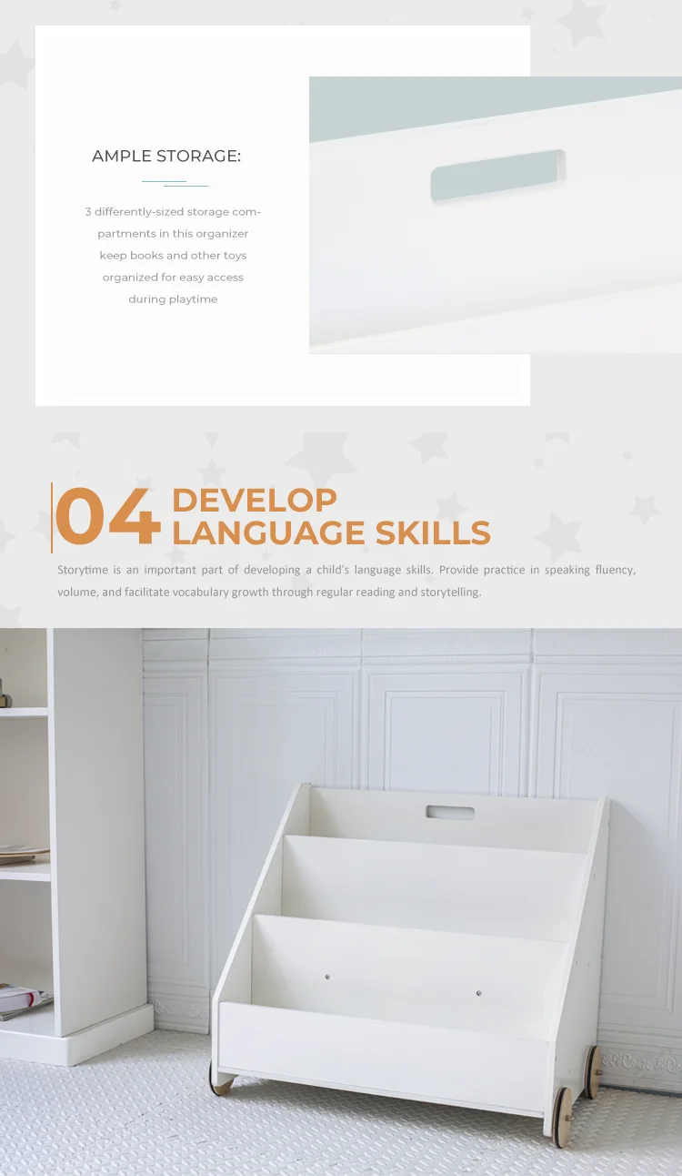 Kids furniture Custom wooden bookcase with wheels Library kindergarten school mobile magazine bookcase