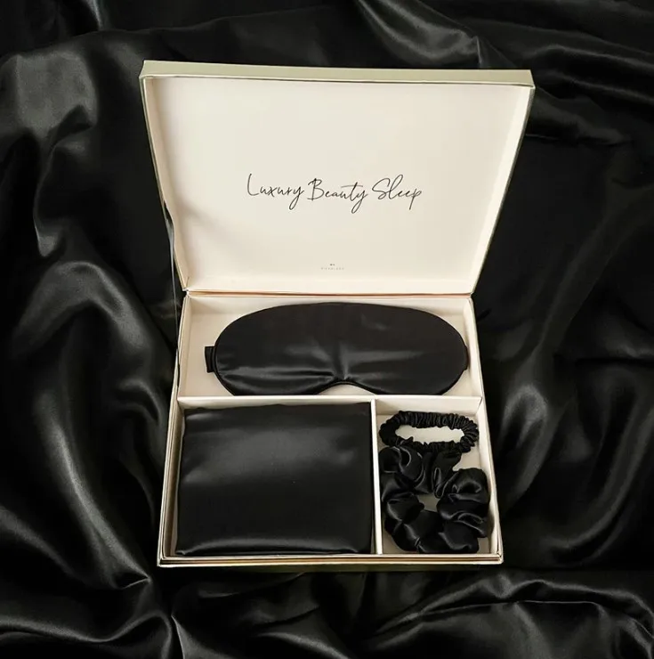 Custom luxury 100% pure silk hair scrunchies silk pillow case with zipper and eye mask set with box