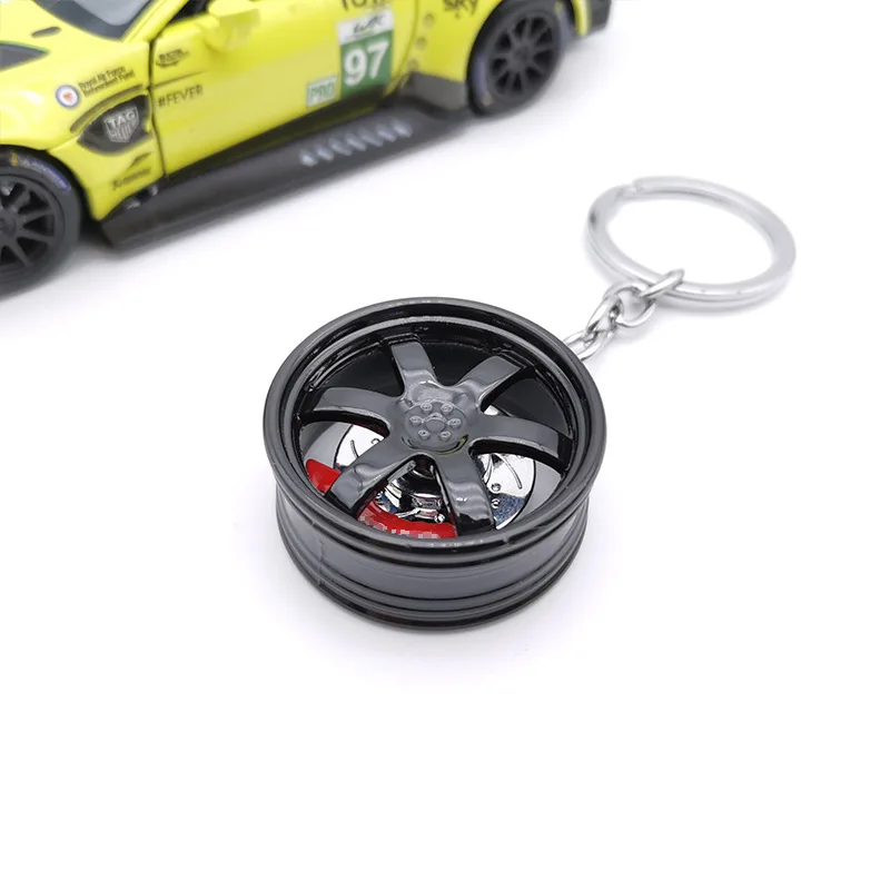 Creative Wheel Hub Keychain TE37 BBS Auto Part Model Rim Tyre with Brake Disc Key Chain 3D Rotating Car Keyring Accessories