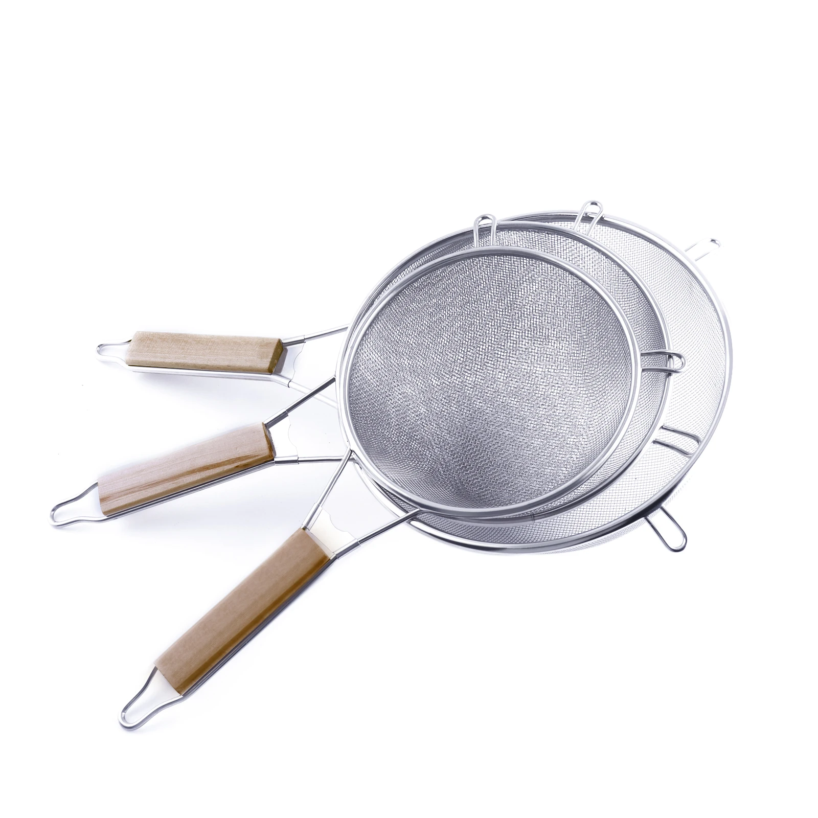 Kitchen Supply Fine Mesh large capacity Stainless Steel juice Strainers with Wooden Handles flour Sift