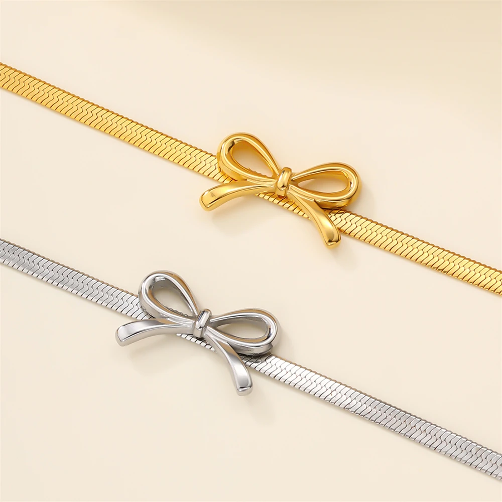 Sweat Resistant 316L Stainless Steel Snake Bone Non Fading 18K Gold PVD Coating Polished Bowknots Decorated Blade Chain Necklace