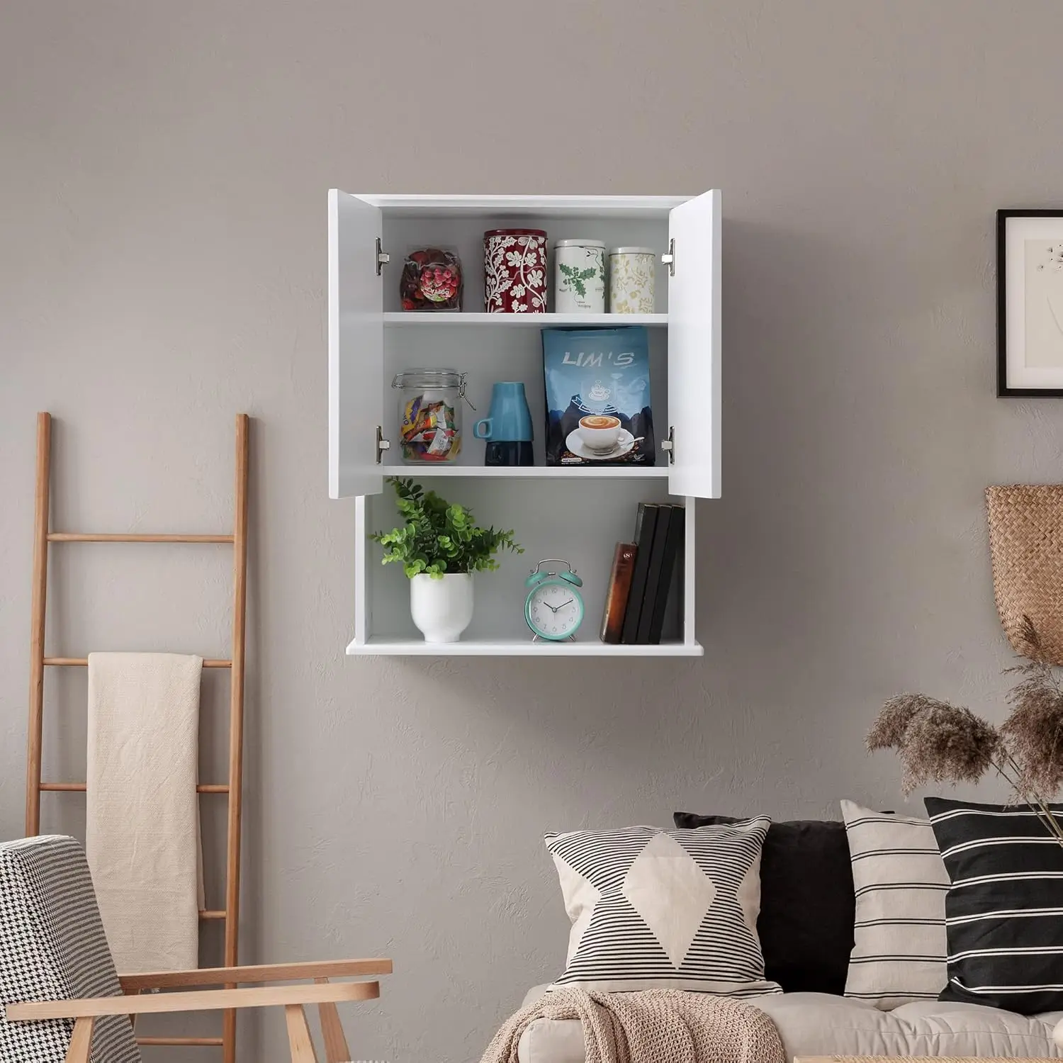 Bathroom Wall Cabinet Wooden Medicine Cabinet Buffering Hinge MDF Material Over Toilet Storage 23x29