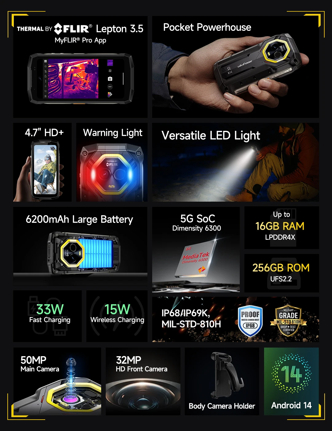 5G Mini Rugged Smartphone FLIR Thermal Image Camera 8+256GB Android 14 4.7' 6200mAh NFC Global Phone Ulefone Armor Mini 20T Pro