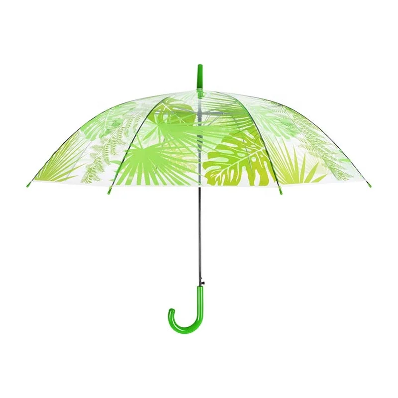 Factory Price J Shape Handle Umbrella POE Transparent Umbrella With Jungle Leaves Pattern