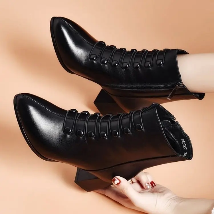 Xuanhui new design winter fashion side zipper leather warm soft sole thick heel shoes for women boots black