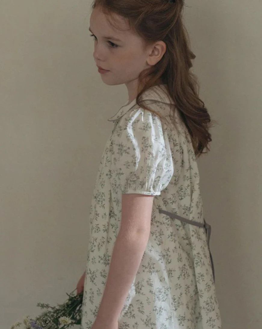 European vintage style toddler girl floral cotton puff sleeve princess bow dress