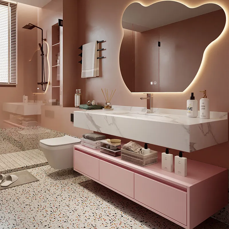 GUCI lovely pink little bear smart mirror bathroom cabinet wall hung mounted sintered stone vanity
