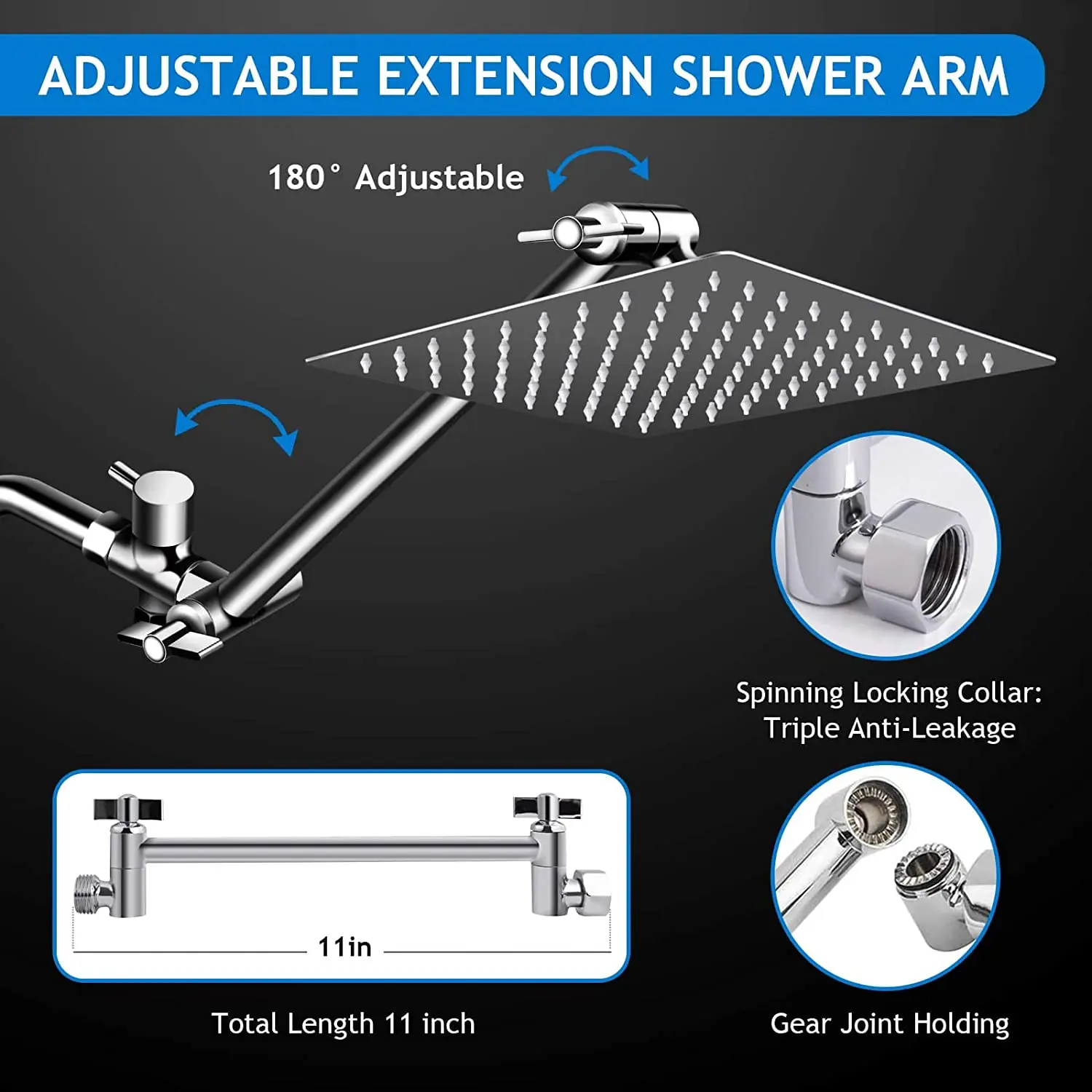 10' Dual Shower Head,Upgraded Rain Shower Head with 11' Adjustable Extension Arm and 6-Setting Handheld Shower Head Combo
