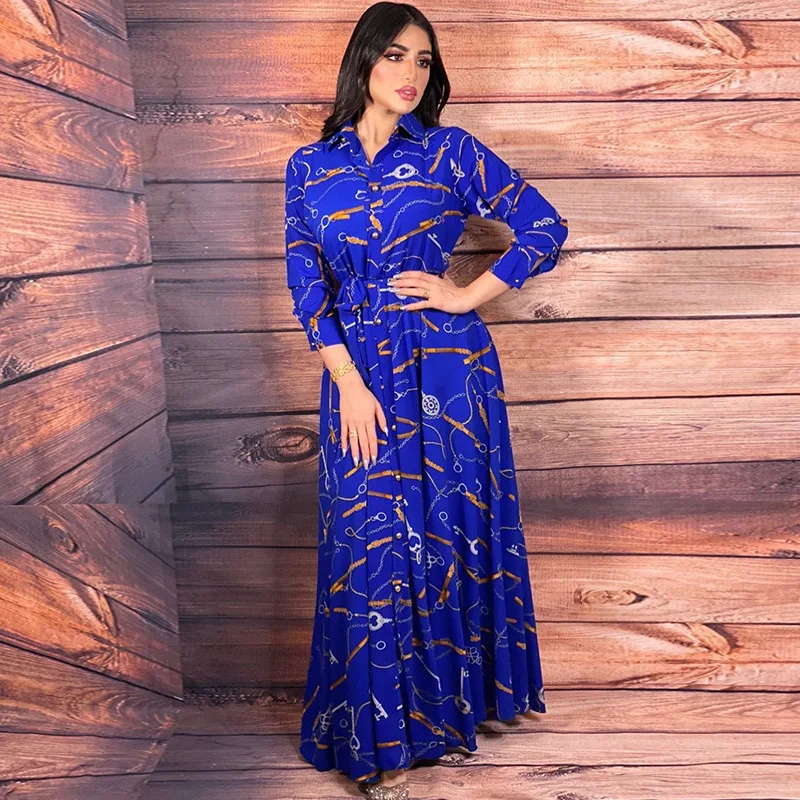 Southeast Asia Indonesia Printed Vintage Dress Women Muslim Clothing Turn Down Neck Long Sleeves Evening Dresses for Party 2022