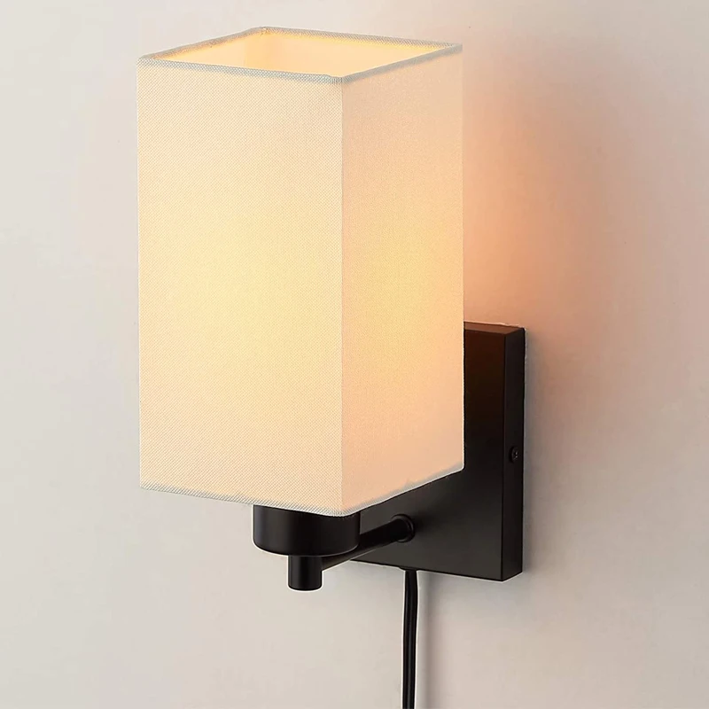 Wall Sconce Rustic Nordic Lamp with Plug-in Cord and On/Off Toggle Switch Beige Fabric Shade