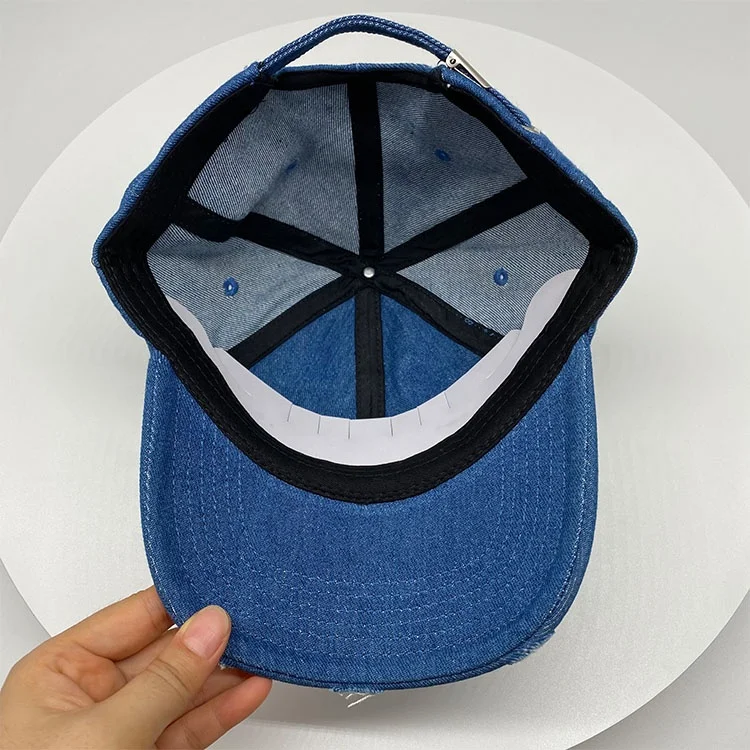 Custom worn out machine embroidery dark blue jean dad hat baseball cap