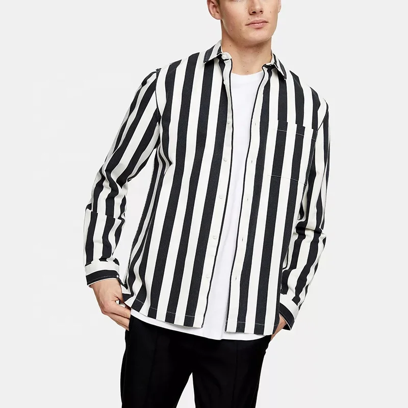 Custom Black And White Personalised Clothing Sublimated Luxury Print Turn Down Collar Long Men Striped Shirts