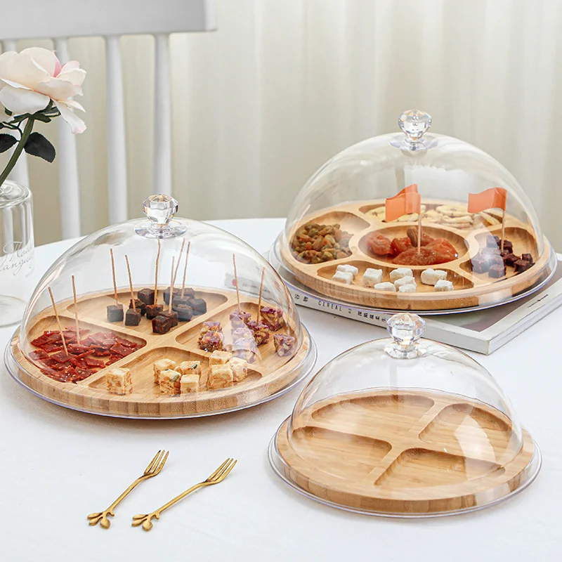 Eco-friend Round Bamboo Serving Restaurant 4 Compartment Breakfast Tray Snack Serving Plate with Lid dome cover