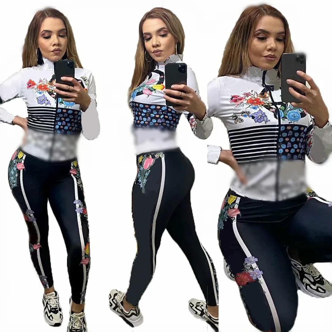
Hot Sale Breathable Fitness Casual Zipper Suit Womens Printed Two Piece Set 