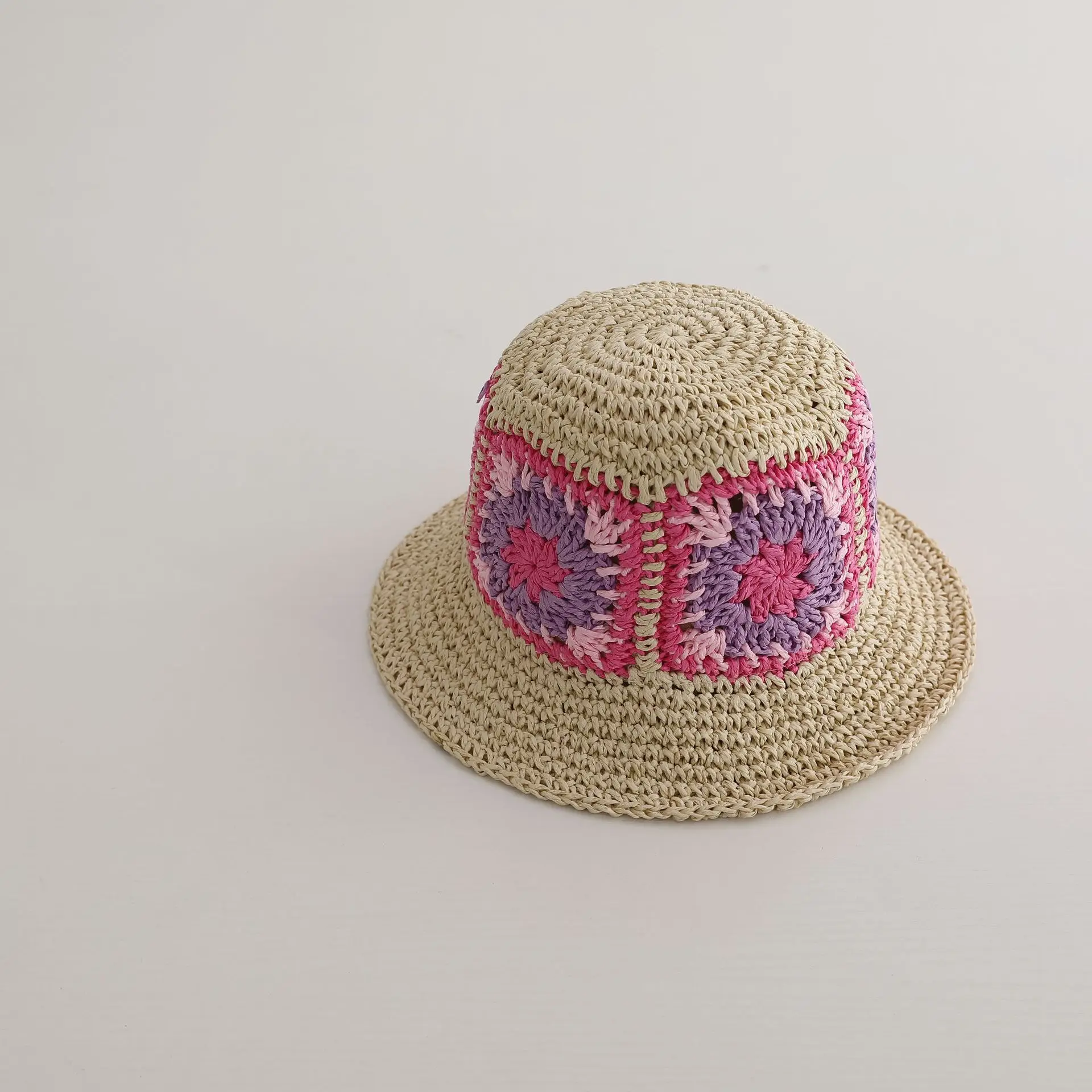 2024 New Summer Beach Vacation Children Sun Hat Simple Knitted Colorful Sunflower Beach Hat