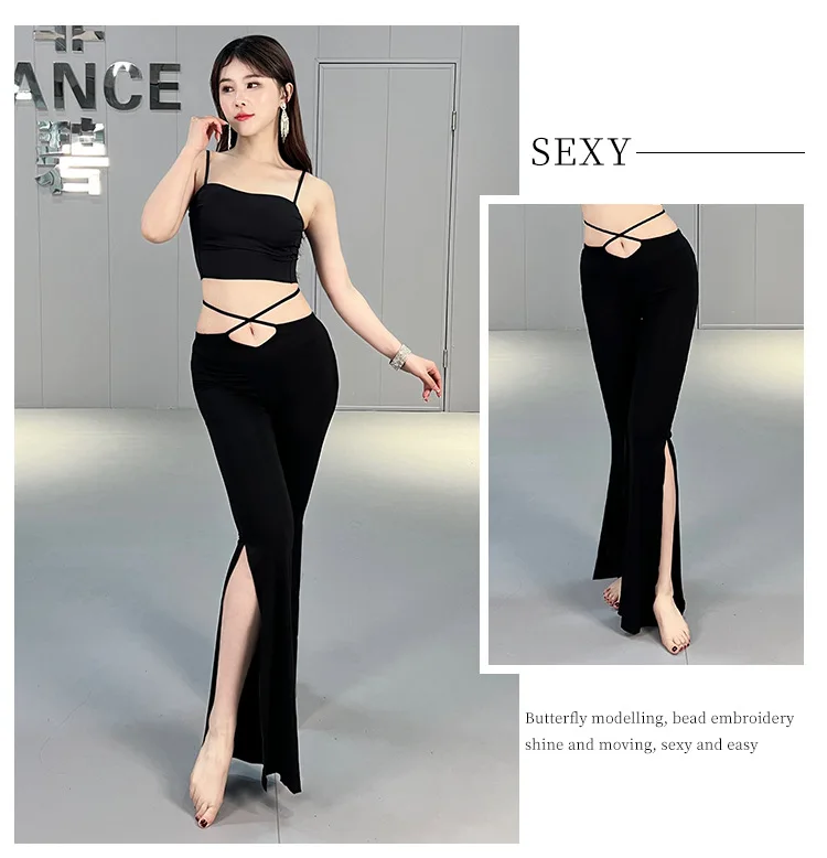 M-3XL новые сексуальные расклешенные брюки с разрезом на пуговицах ажурный пояс из модала большие размеры для йоги танца живота тренировочная одежда