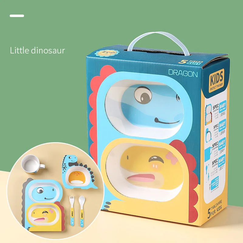 bamboo fiber children tableware kids plates and bowls Biodegradable baby feeding dishes 5pcs cartoon divided plate set