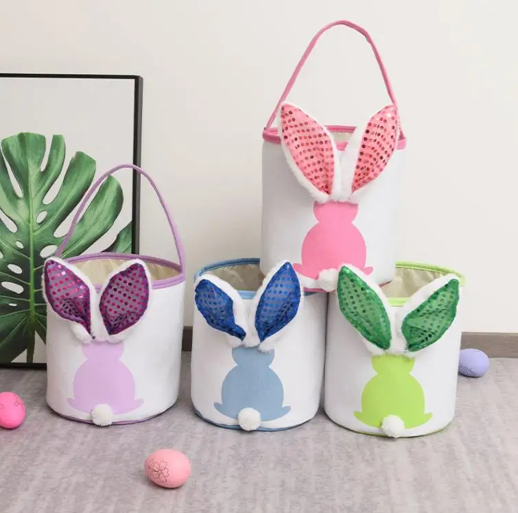 Wholesale kids gifts candy toys baskets fanny bag decoration empty printed easter bunny ear bucket basket with lights