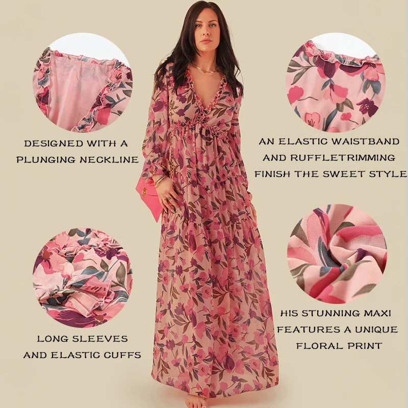 Summer Bohemian Lady Stylish Maxi Long Sleeve Maxi Dress Wild Lotus Ruffle Tiered Floral Womens Dresses for Ladies