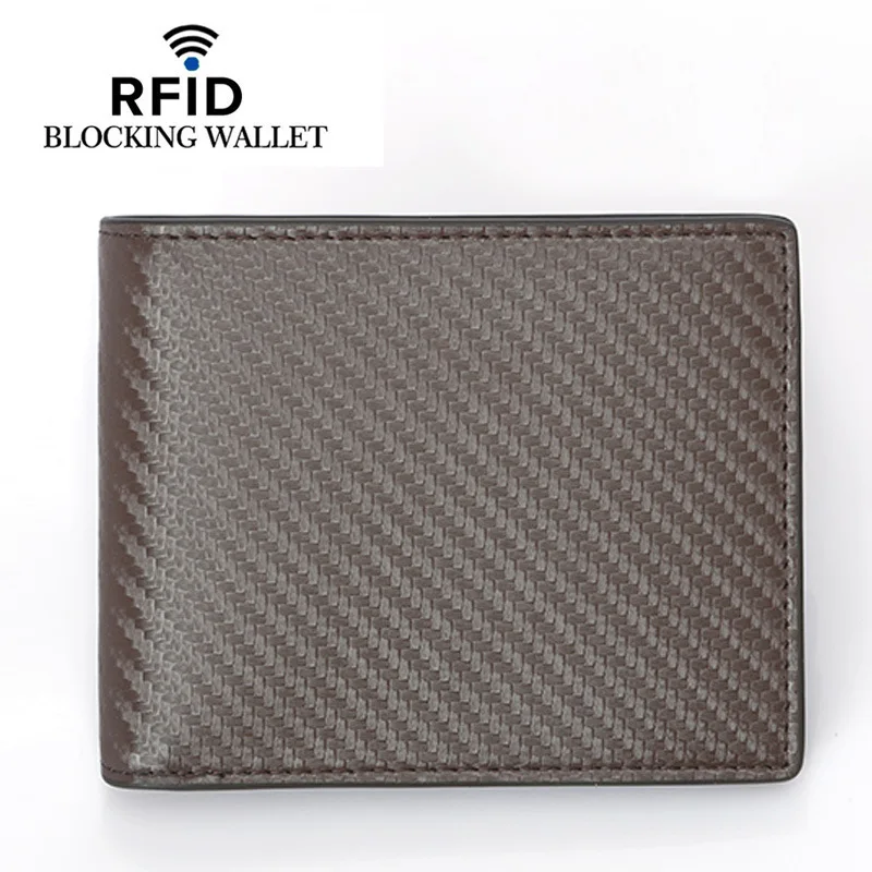 Wholesale high-capacity rfid blocking card wallet 12 card slots carbon fiber genuine leather short man leather wallet