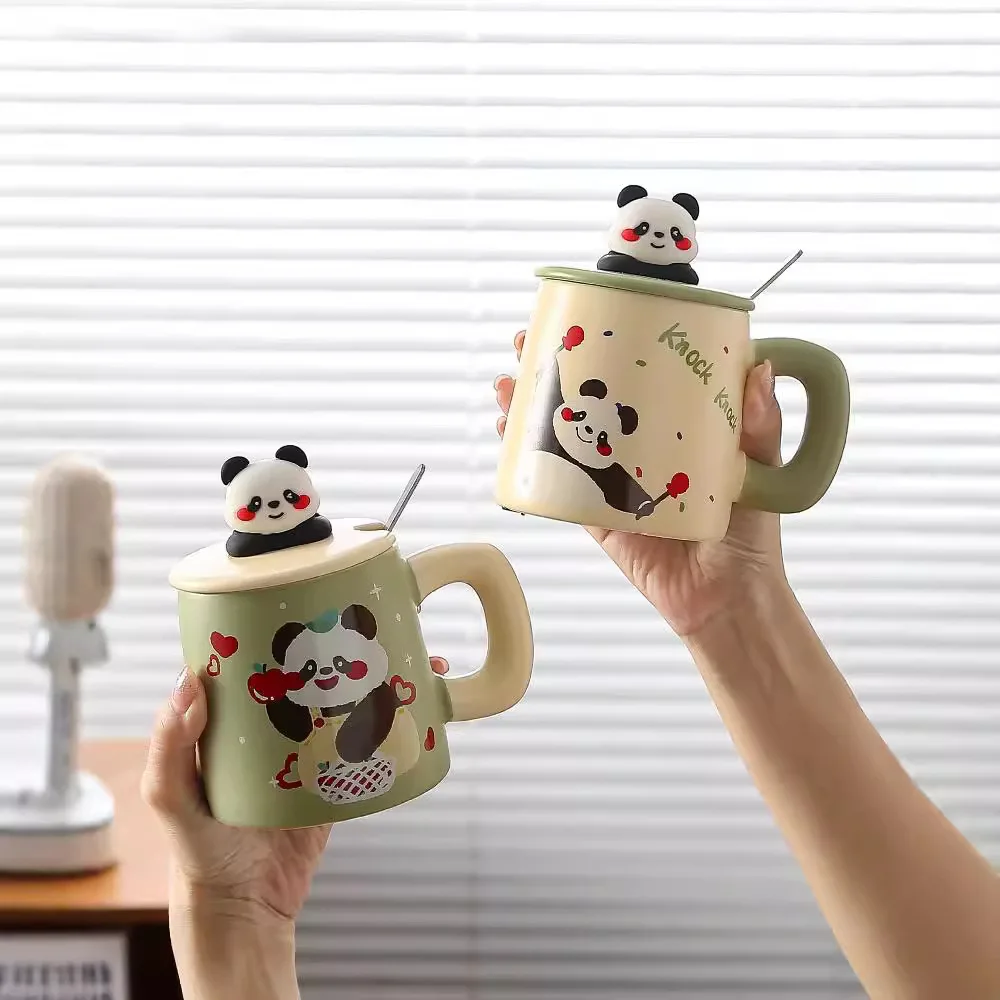 High-value cup cute panda ceramic cup with lid ladle water cup set gift for girlfriends and boyfriends