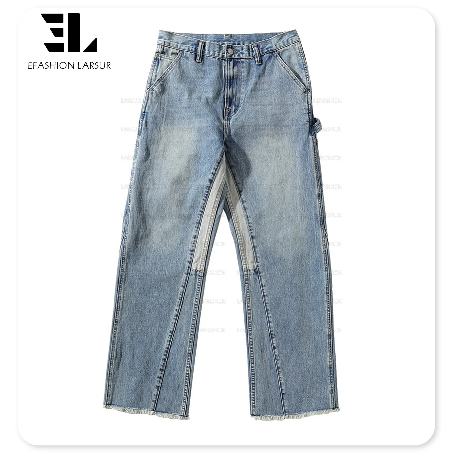 LARSUR Custom denim manufacturer wash selvedge denim flare carpenter jeans patchwork raw edges japanese style salvage denim pant