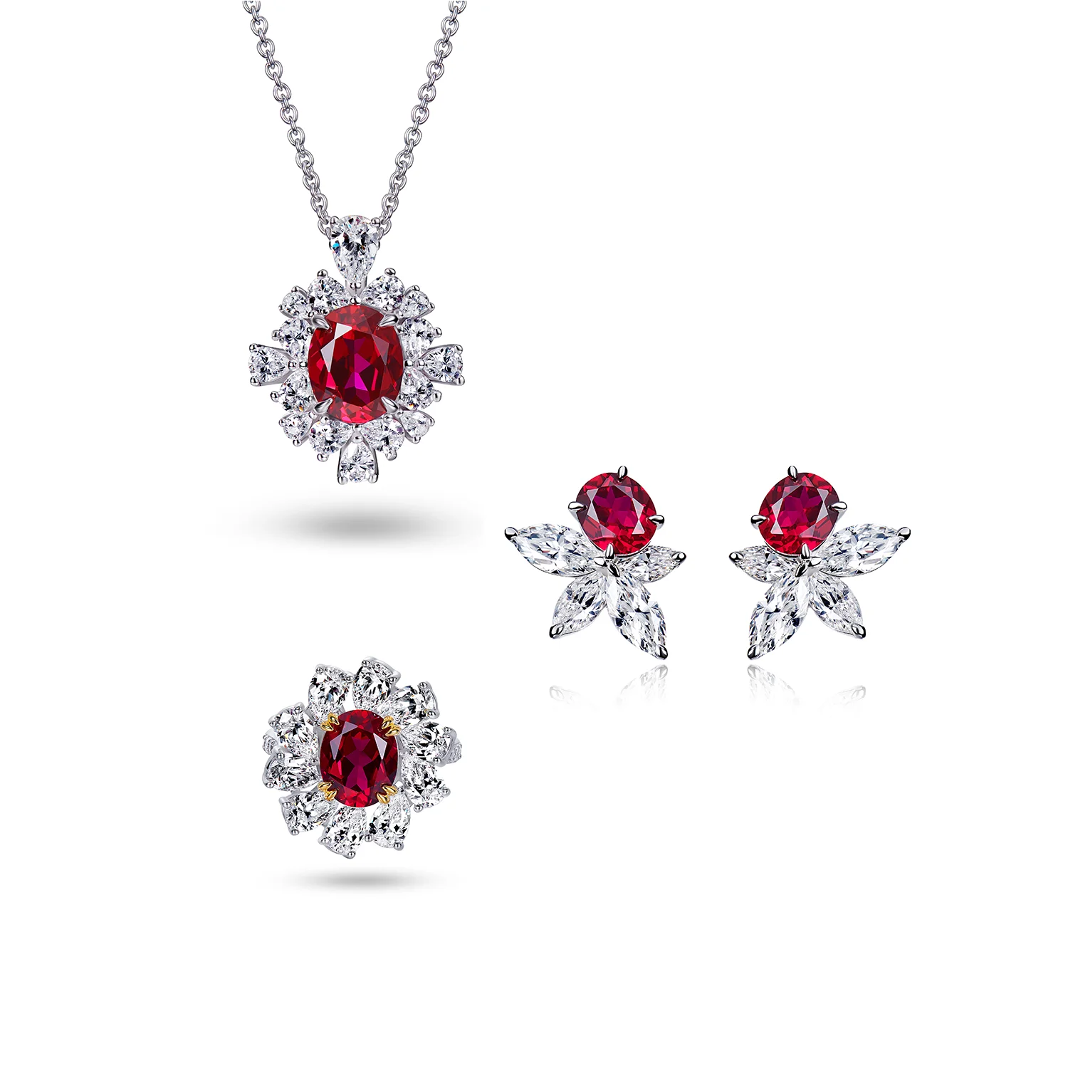Chunky Flower Ruby Red Gemstone Earring Jewelry Sets 18k gold plated wedding jewelry set for women