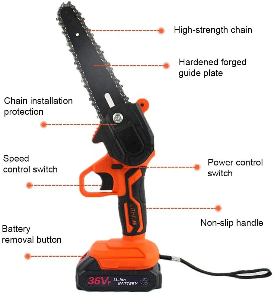 6 inch 36V Power Tools Lithium Battery Garden Electric Chain Saw For Cutting with 2 batteries