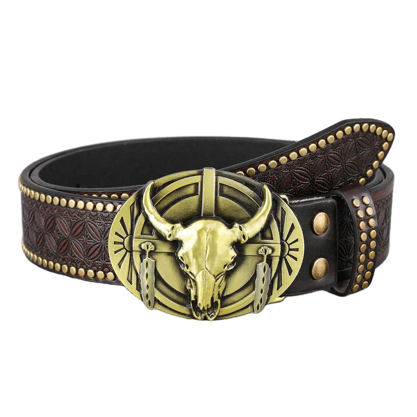 Rivet Adjustable Size Leather Belts With Engrave Logo Brass Buckle